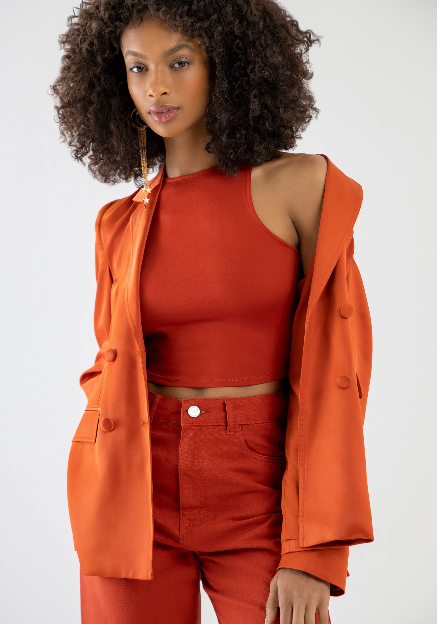 Regata Halter Neck em Malha Aveludada Cropped, LARANJA FERY, large.