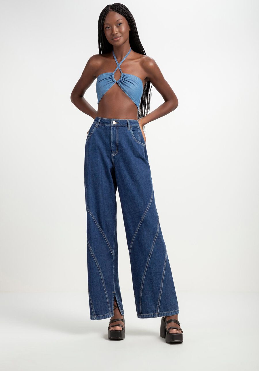 Calça Jeans Wide Leg com Pespontos, JEANS. Calça Jeans Wide Leg com Pespontos, JEANS, large.