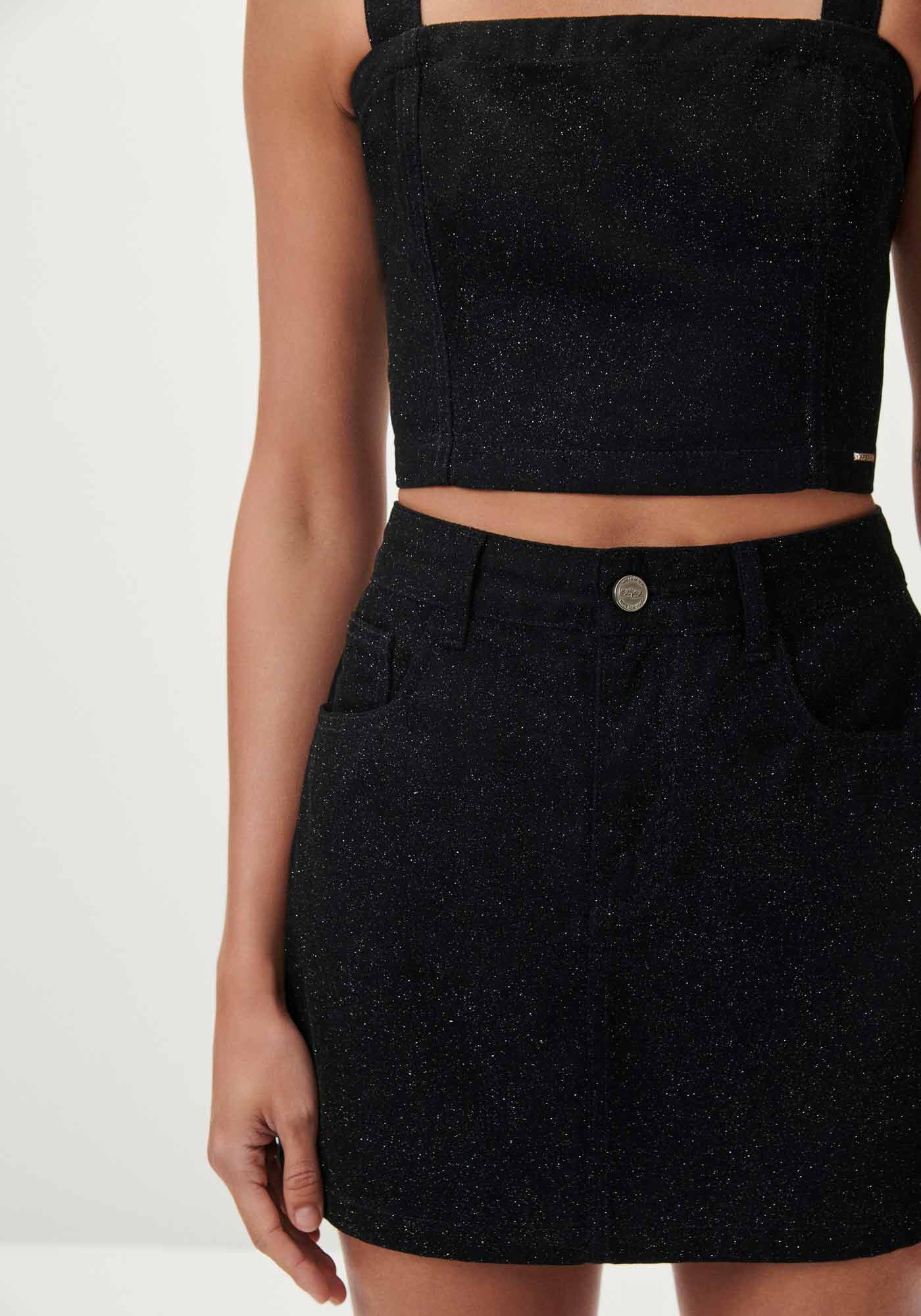 Saia Sarja Curta Cintura Alta com Glitter, PRETO REATIVO, large.