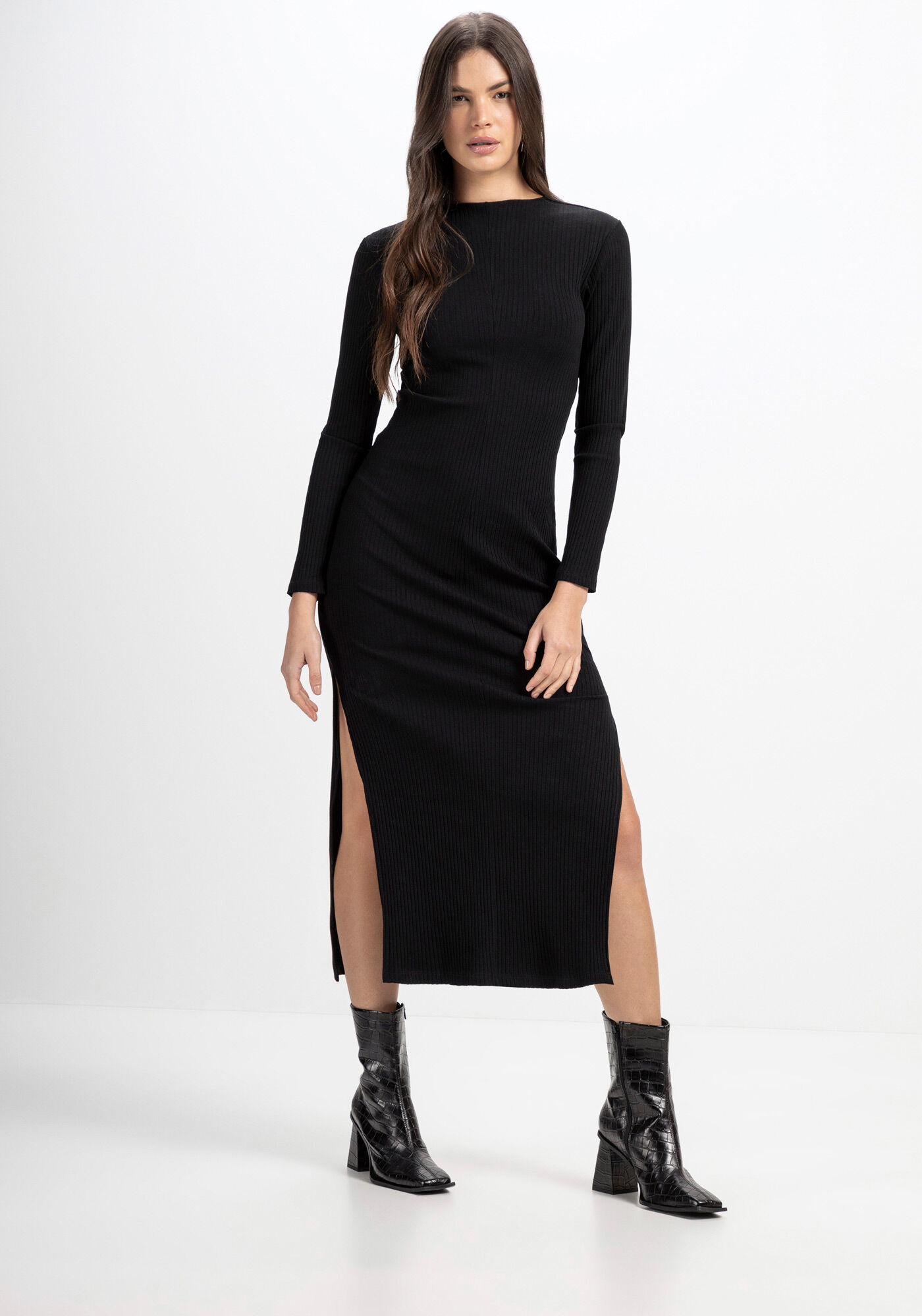 Vestido midi discount manga longa preto
