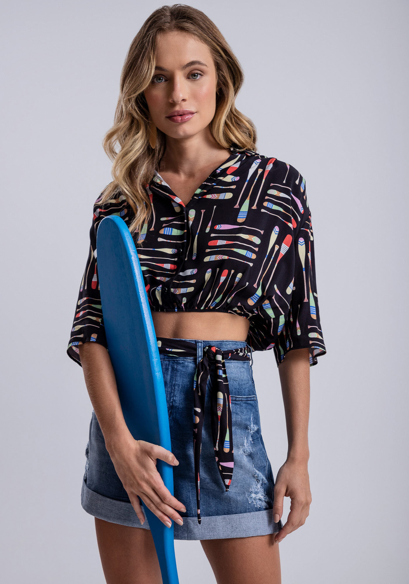 Bermuda Jeans Boyfriend Venice com Faixa, , large.