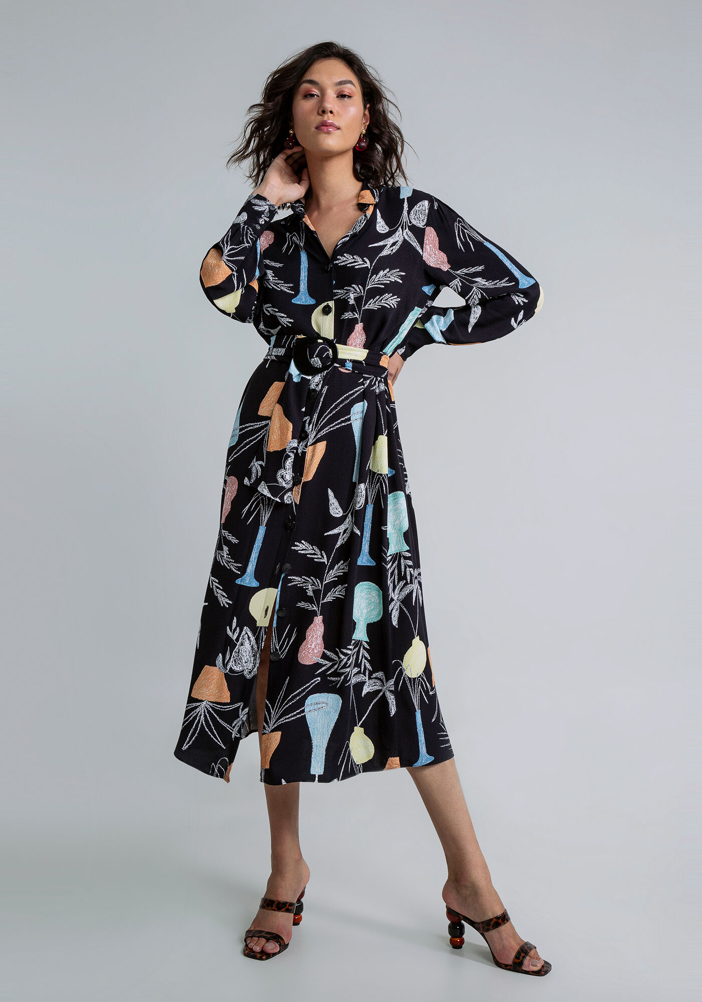 Vestido Chemise Midi Cinto Estampado, EXPRESSAO, large.