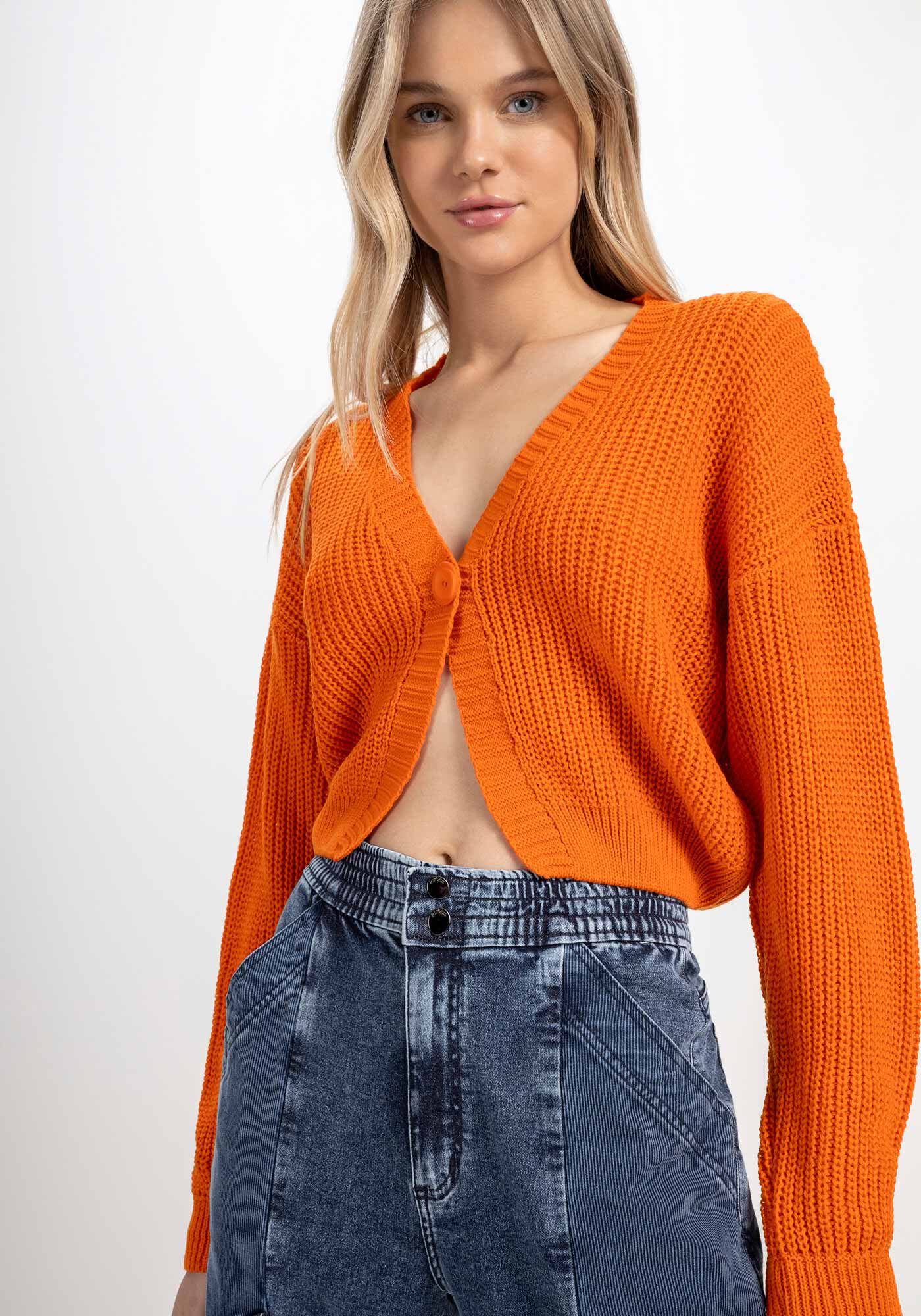 Cardigan Cropped em Tric&ocirc; Texturizado, LARANJA LIMPIDO, large.