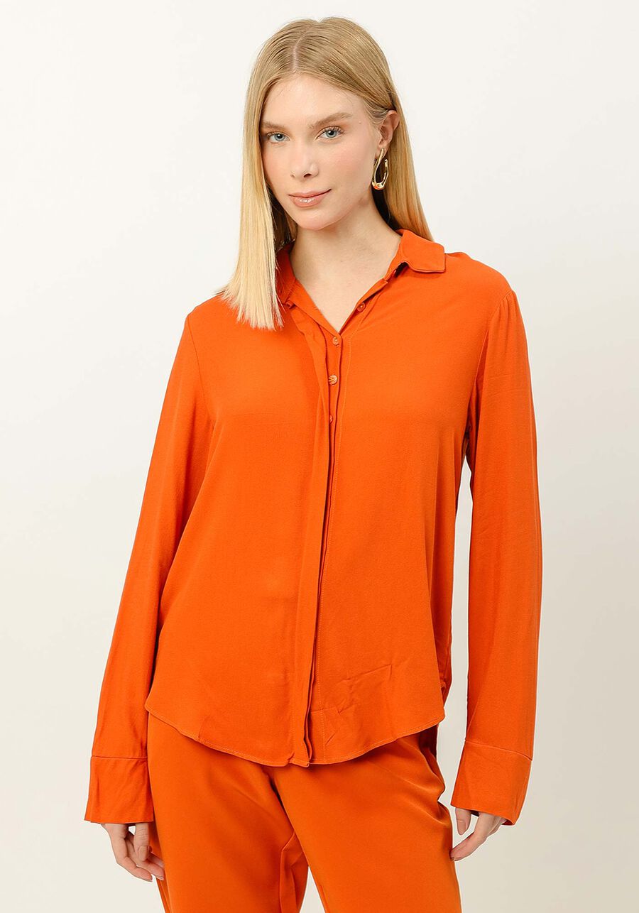 Camisa Manga Longa em Viscose Clássica, LARANJA  RADIANTE. Camisa Manga Longa em Viscose Clássica, LARANJA  RADIANTE, large.