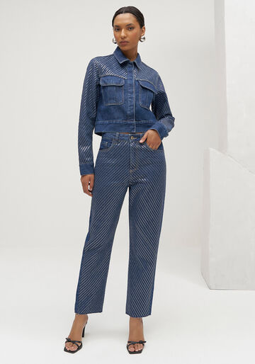 Calça Jeans Reta Slim Cropped com Paetês, JEANS. Calça Jeans Reta Slim Cropped com Paetês, JEANS, large.