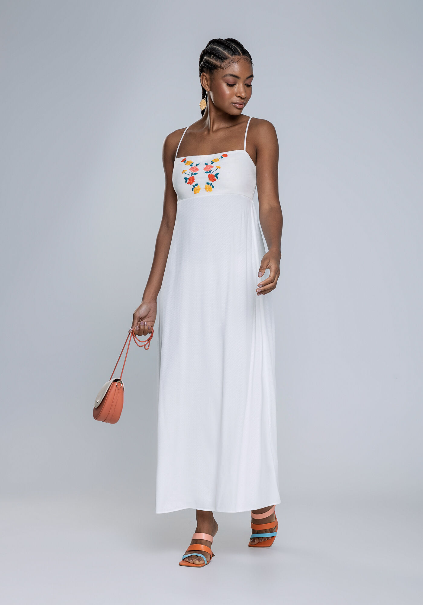 Vestido Midi em Linho com Bordado Decote, BRANCO OFF WHITE, large.