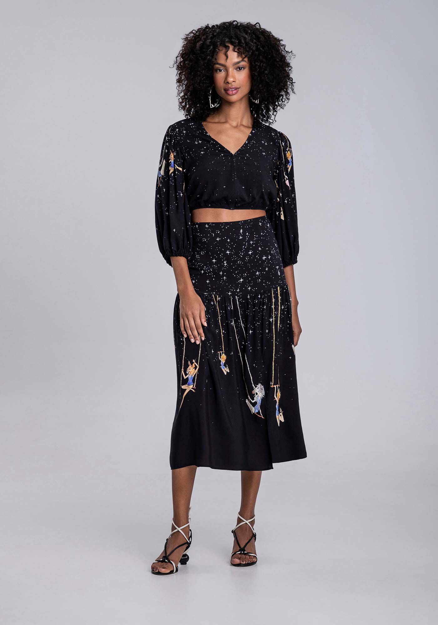 Saia Midi Estampada em Viscose com Fenda, , large.