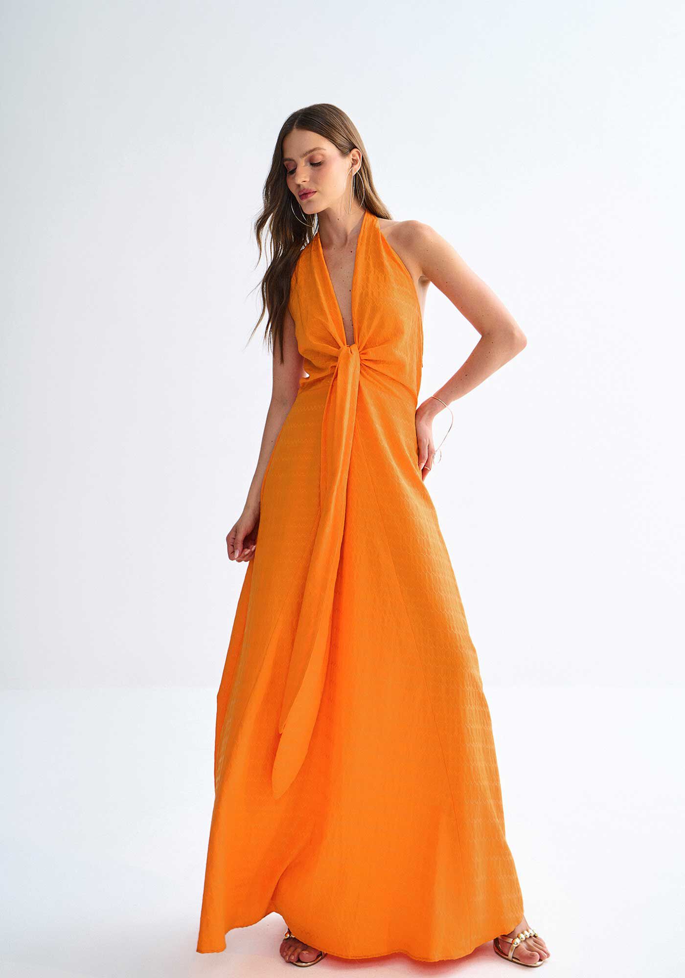 Vestido Frente &Uacute;nica Longo com Tor&ccedil;&atilde;o Decote, , large.