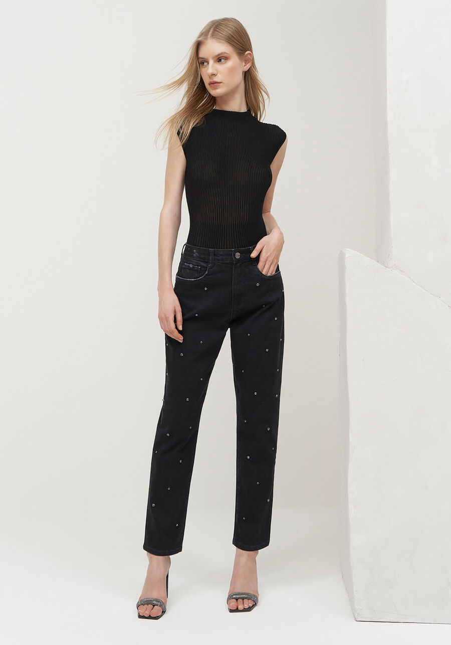 Calça Jeans Mom Cropped Comfort com Strass, . Calça Jeans Mom Cropped Comfort com Strass, , large.