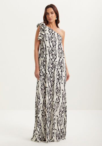 Vestido Longo Um Ombro Só Estampado Com Babados, ZEBRA PLISSE BEGE. Vestido Longo Um Ombro Só Estampado Com Babados, ZEBRA PLISSE BEGE, large.