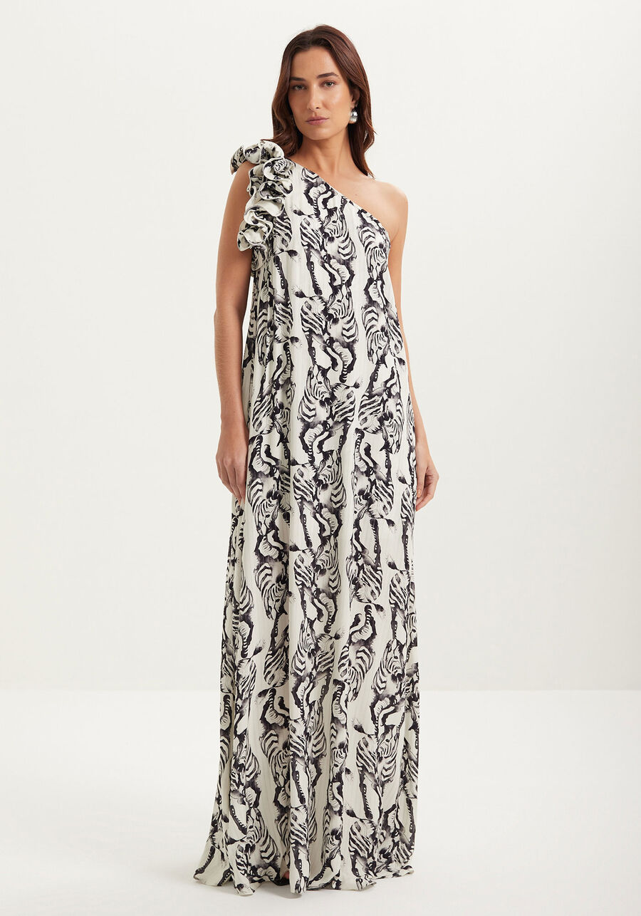 Vestido Longo Um Ombro Só Estampado Com Babados, . Vestido Longo Um Ombro Só Estampado Com Babados, , large.