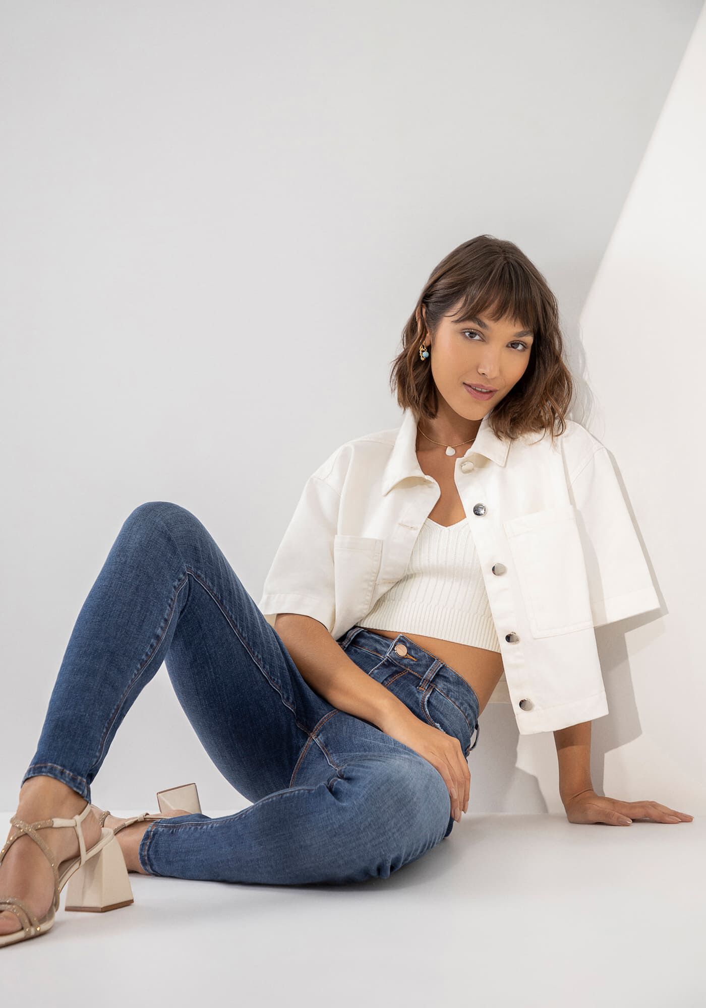 Camisa Sarja Manga Curta Cropped com Bolso, , large.