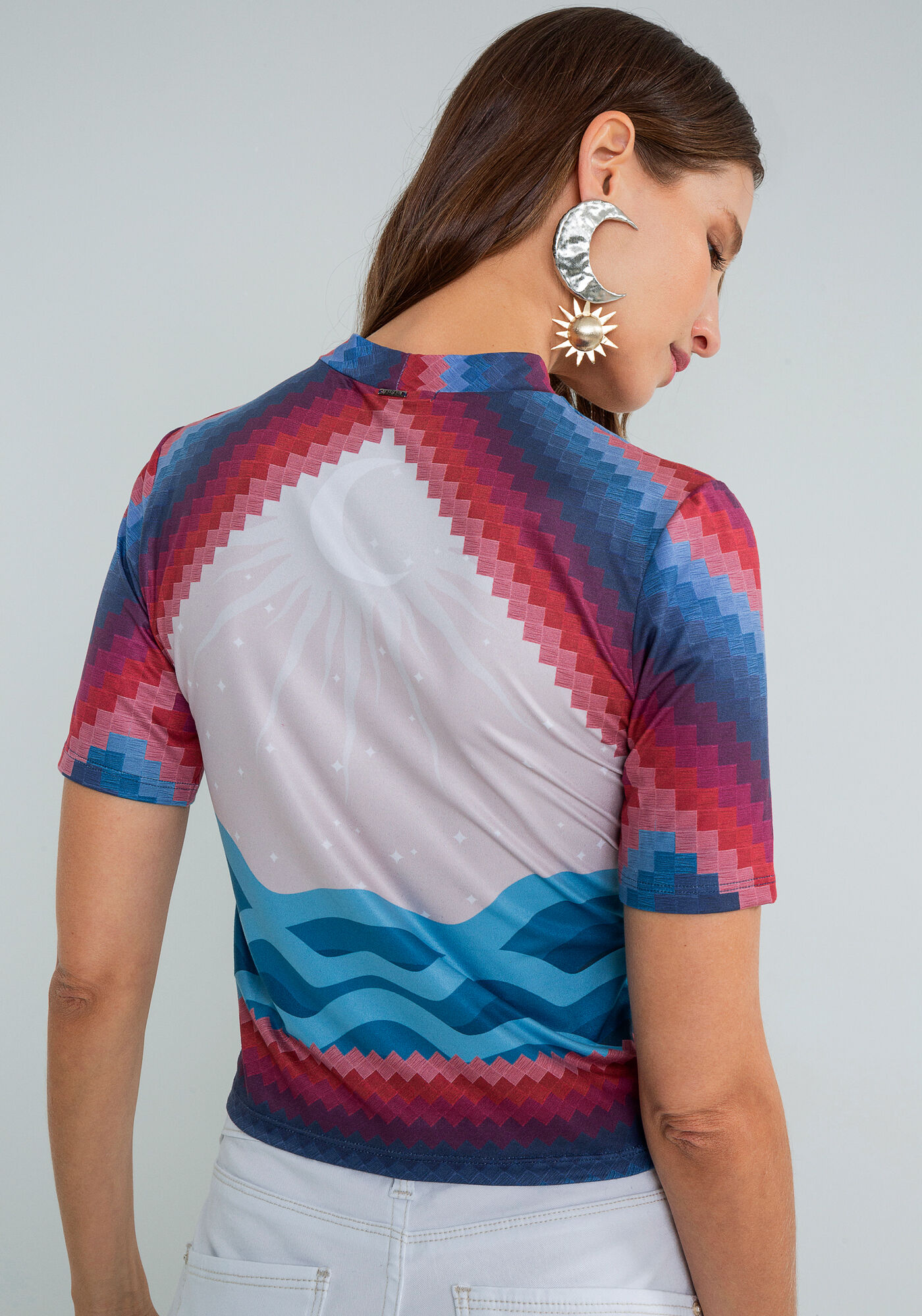 Blusa Manga Curta Gola Alta Estampa, SEJA SOL, large.