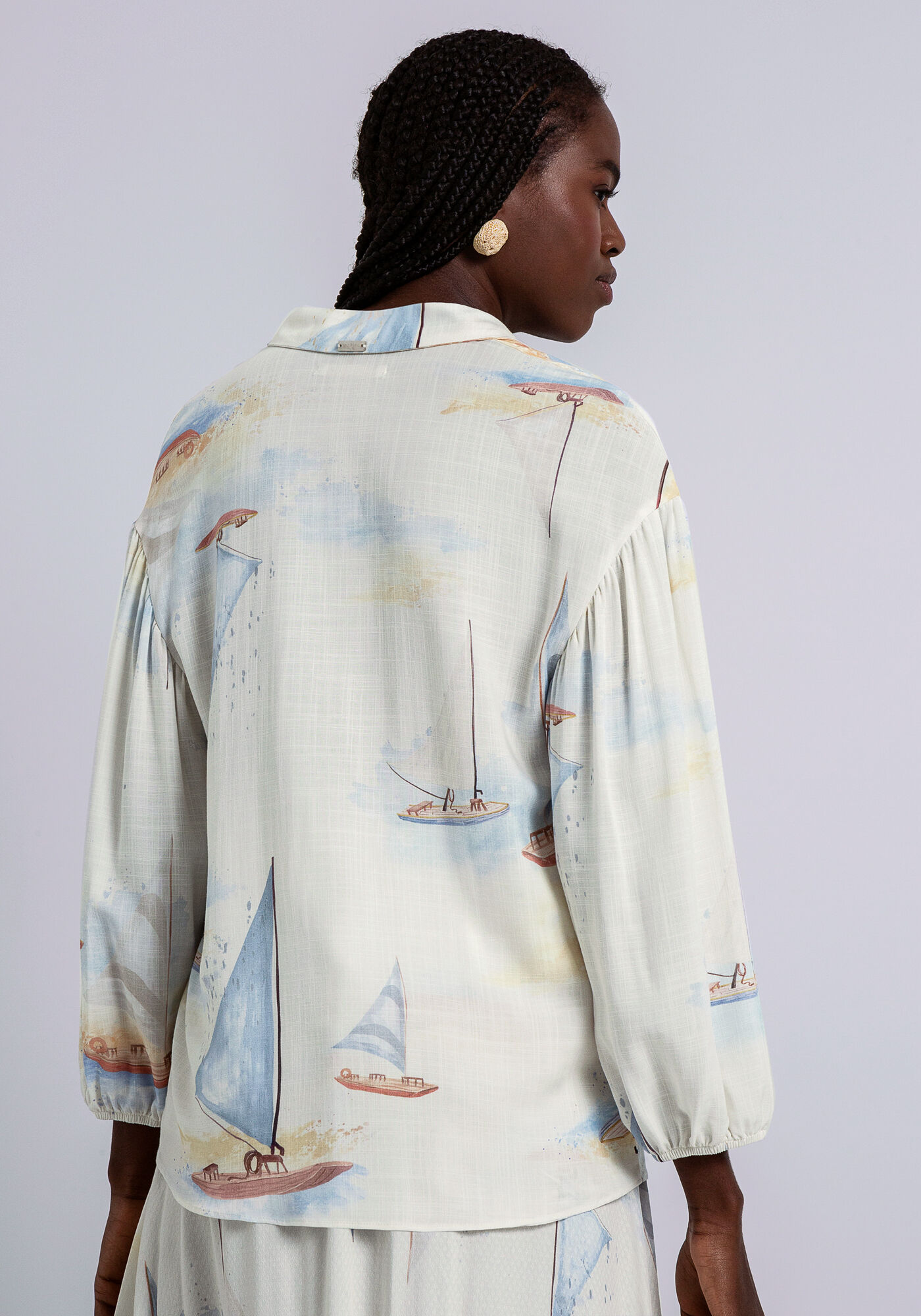 Camisa Manga 3/4 Bufante em Tecido Rayon Twill, MARACAIPE, large.