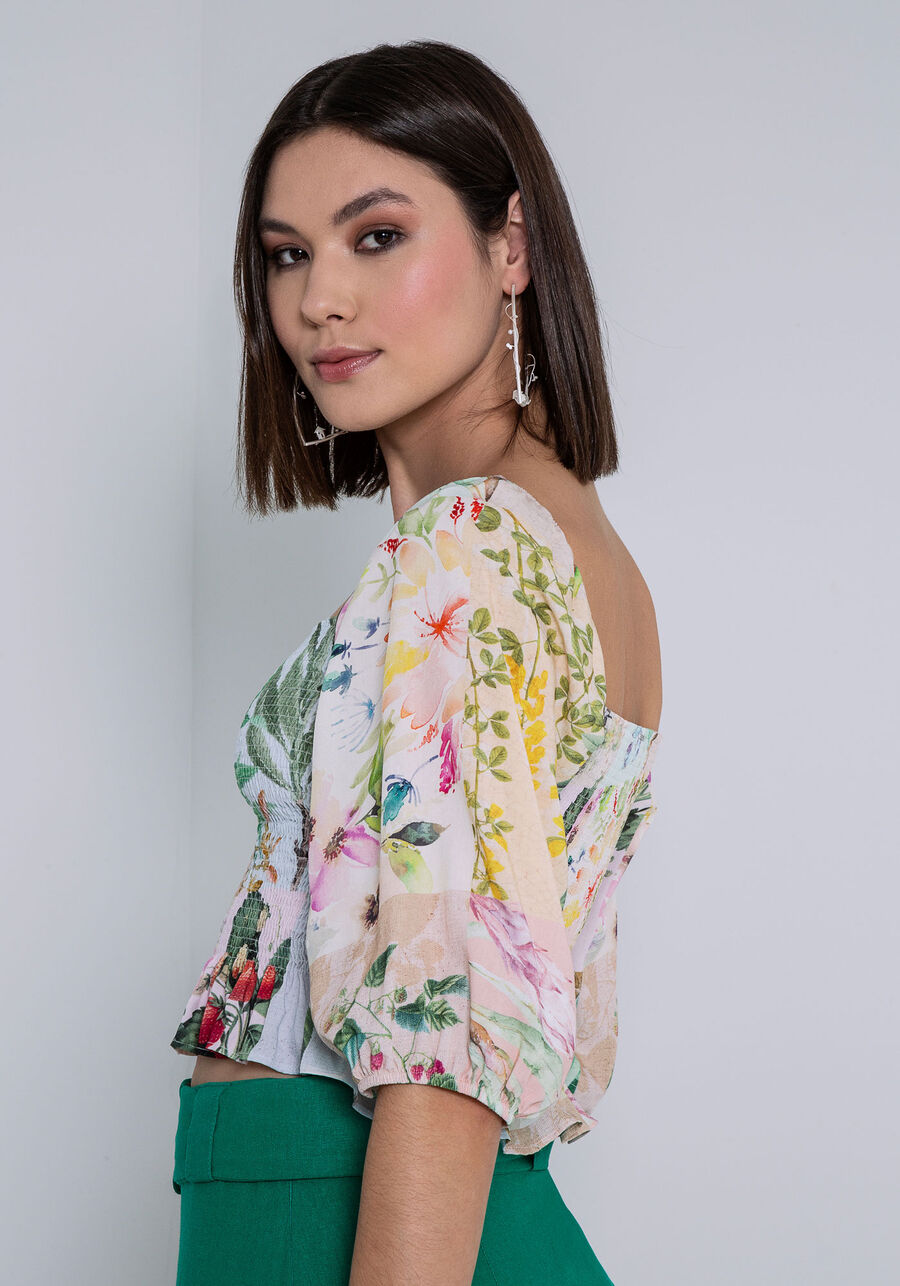 Blusa Manga Bufante em Viscose com Lastex, . Blusa Manga Bufante em Viscose com Lastex, , large.