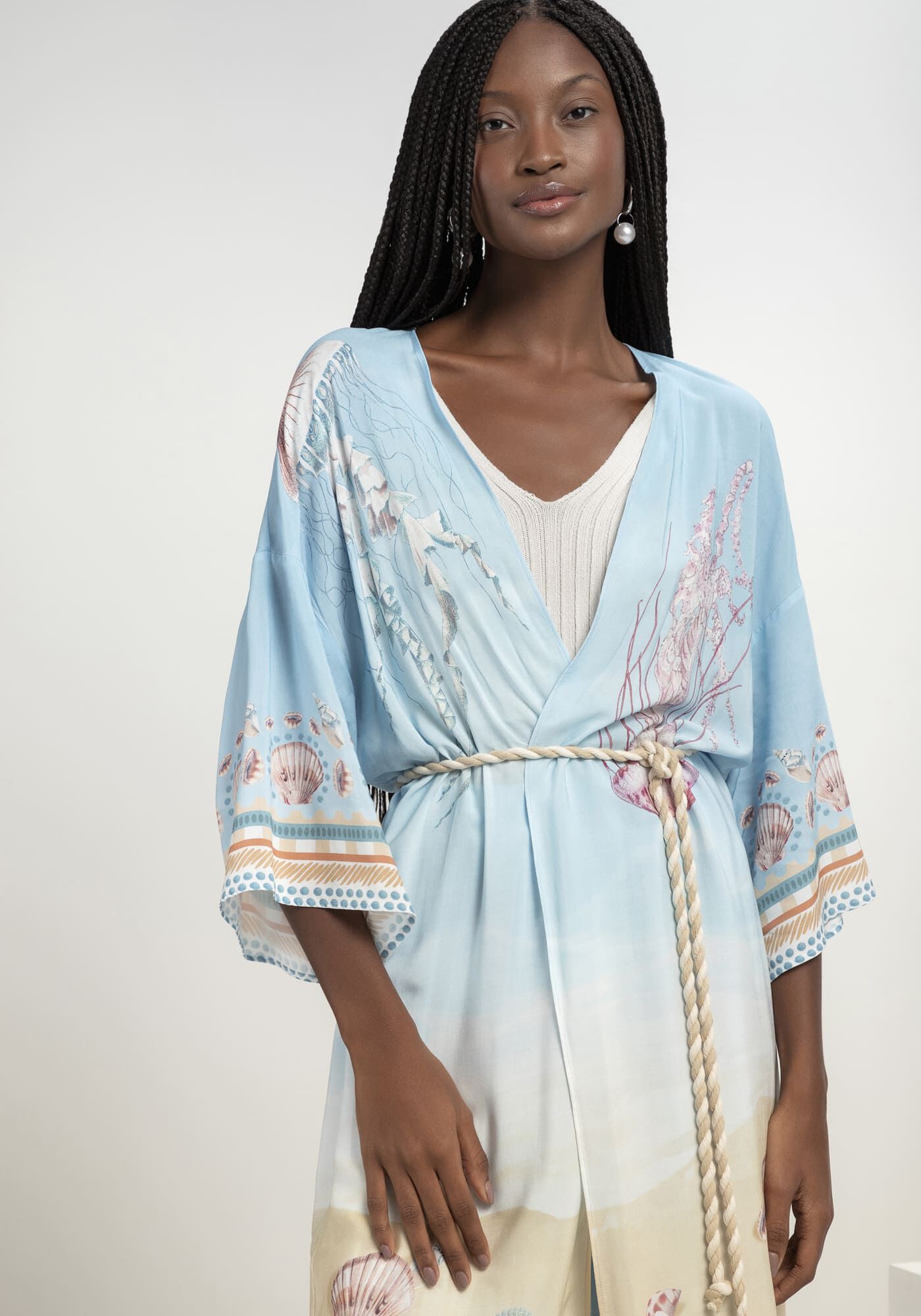 Kimono Longo Estampado com Cinto Corda, , large.