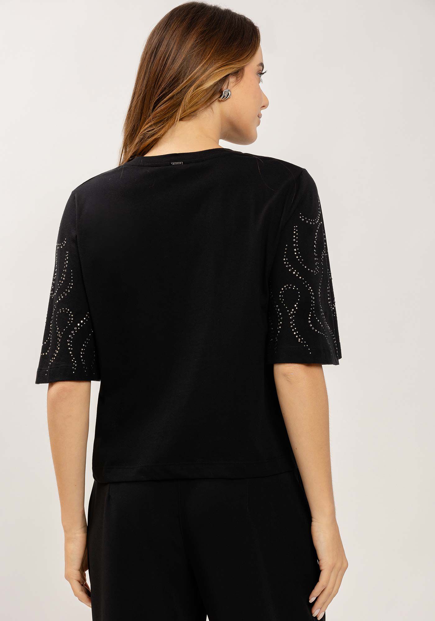 T-shirt em Malha com Strass na Manga Flare, , large.