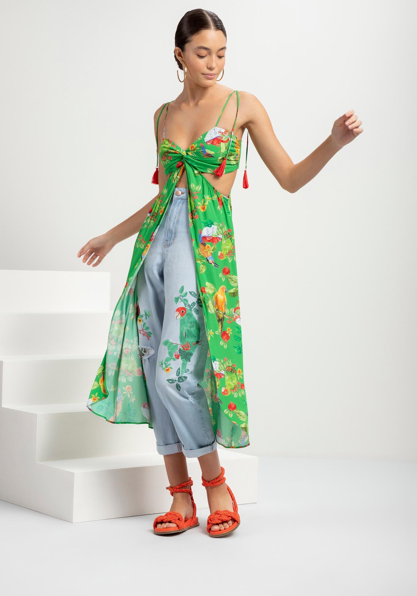 Blusa Alongada com Abertura Estampada, , large.