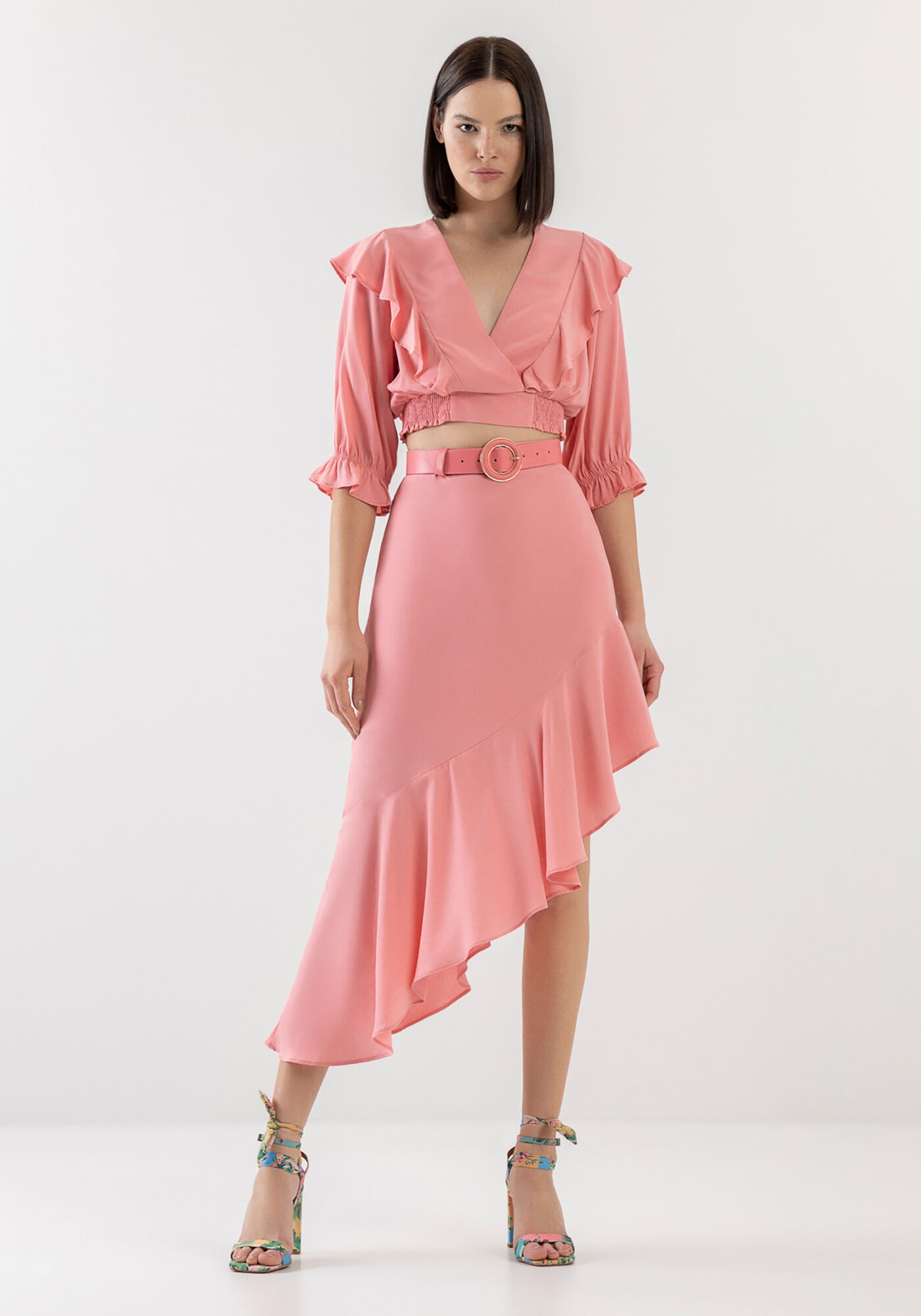 Saia Midi Assim&eacute;trica em Viscose com Babado, , large.