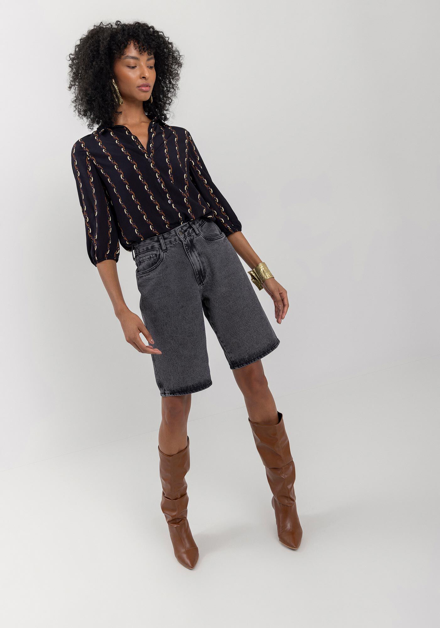 Bermuda Jeans Jorts Estonada Com Bolsos E Cintura Alta, , large.