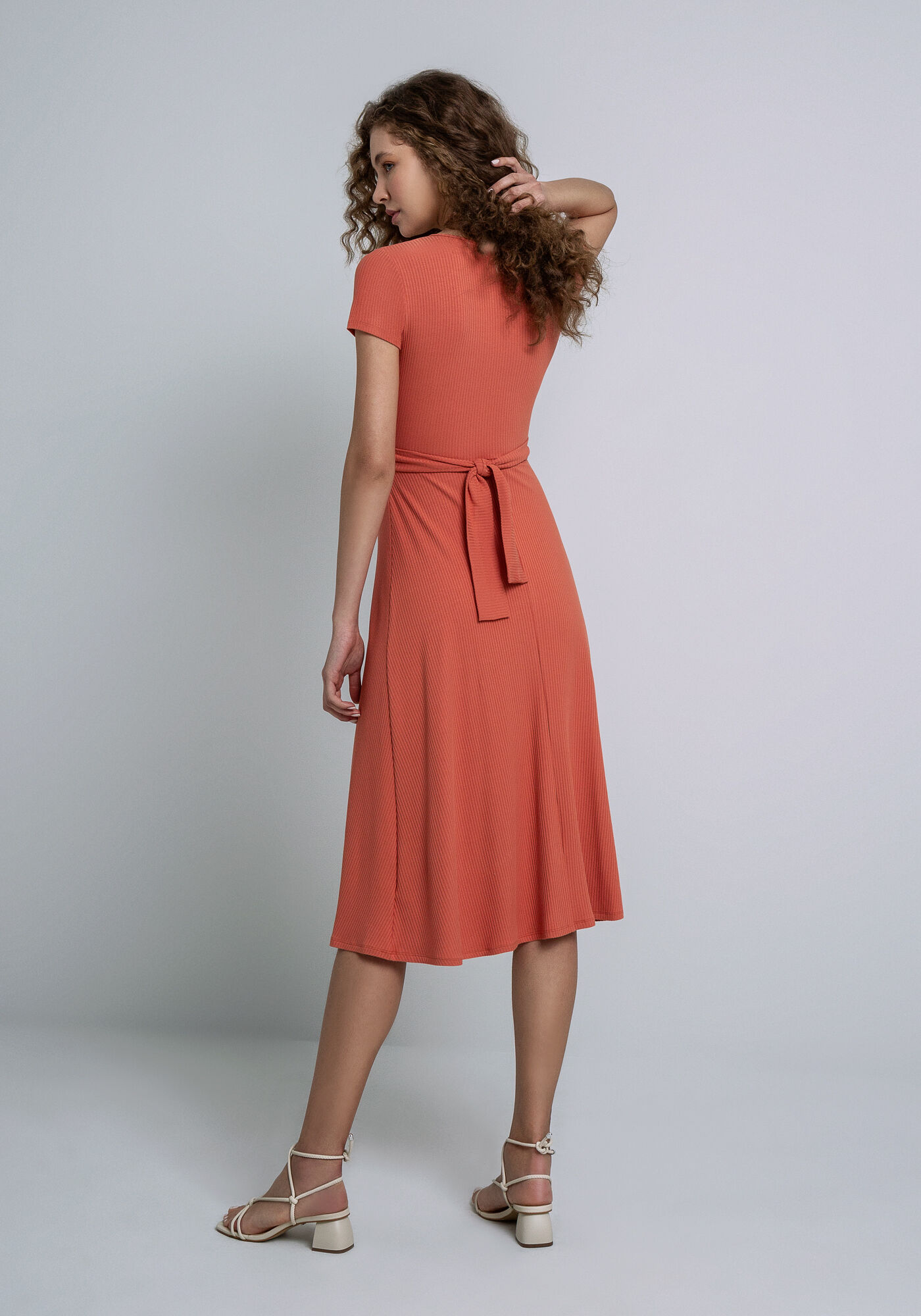 Vestido Midi Canelado com Transpasse, LARANJA VERBENA, large.