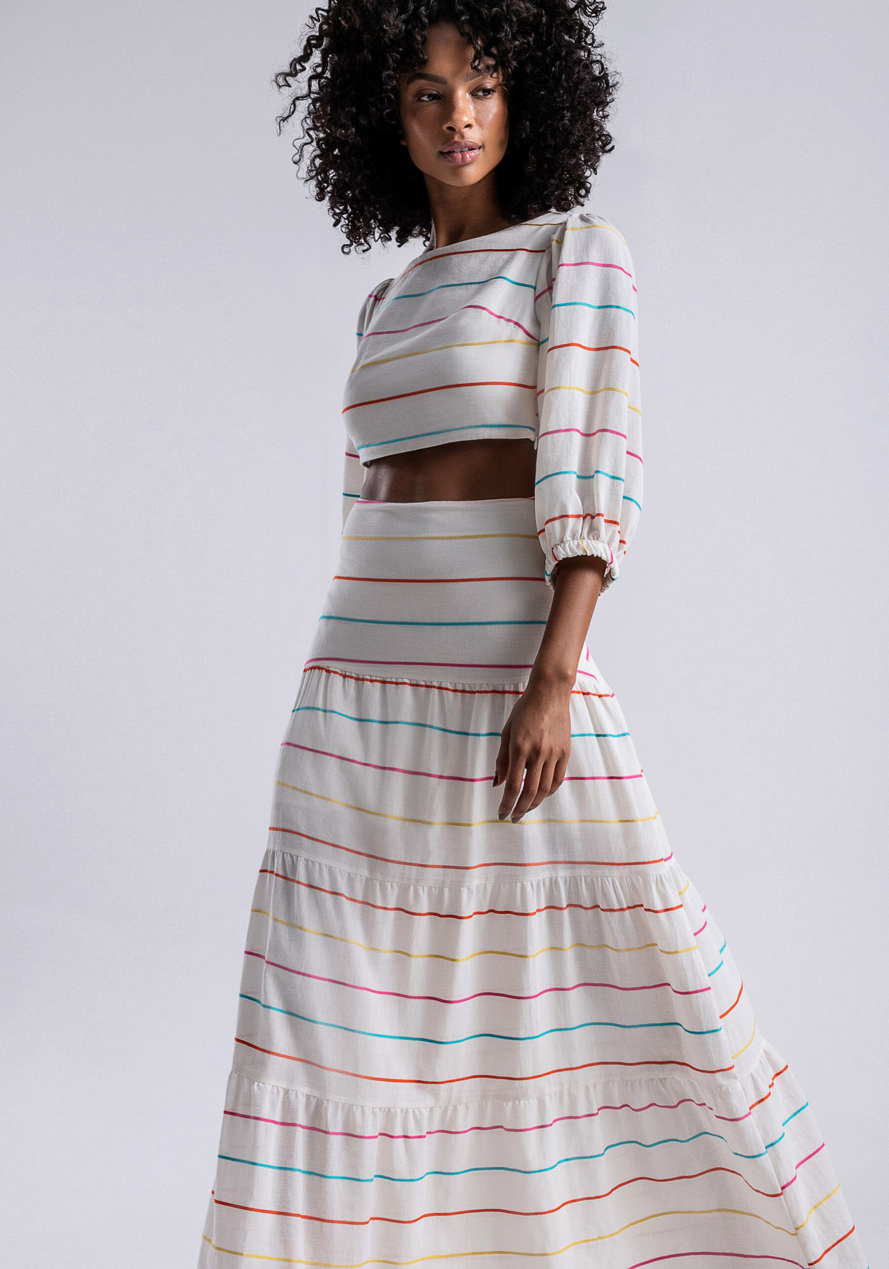 Saia Longa Cintura Alta em Tecido Valença Listrada, . Saia Longa Cintura Alta em Tecido Valença Listrada, , large.