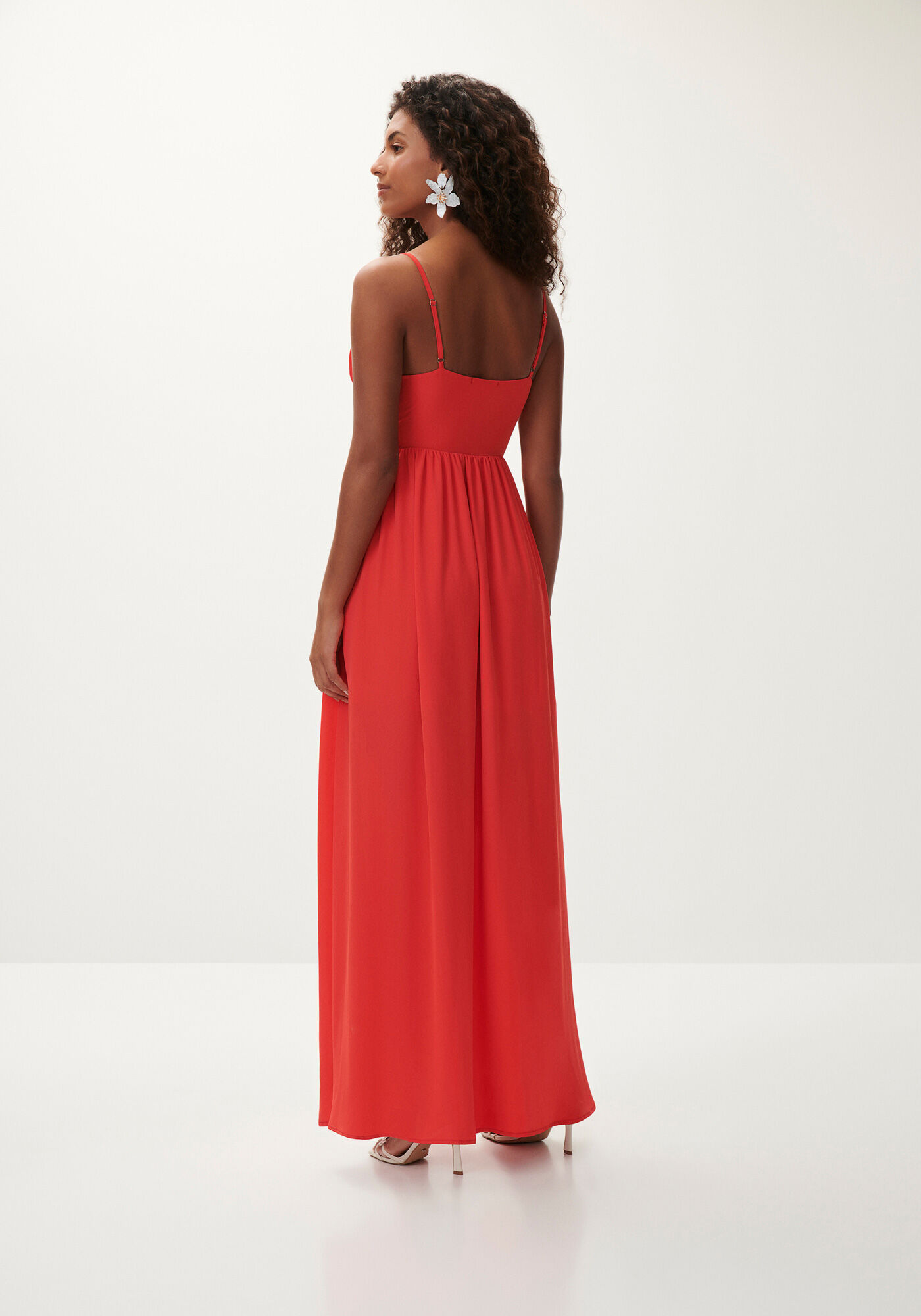 Vestido Longo em Crepe com Plissado Busto, VERMELHO JASPER, large.