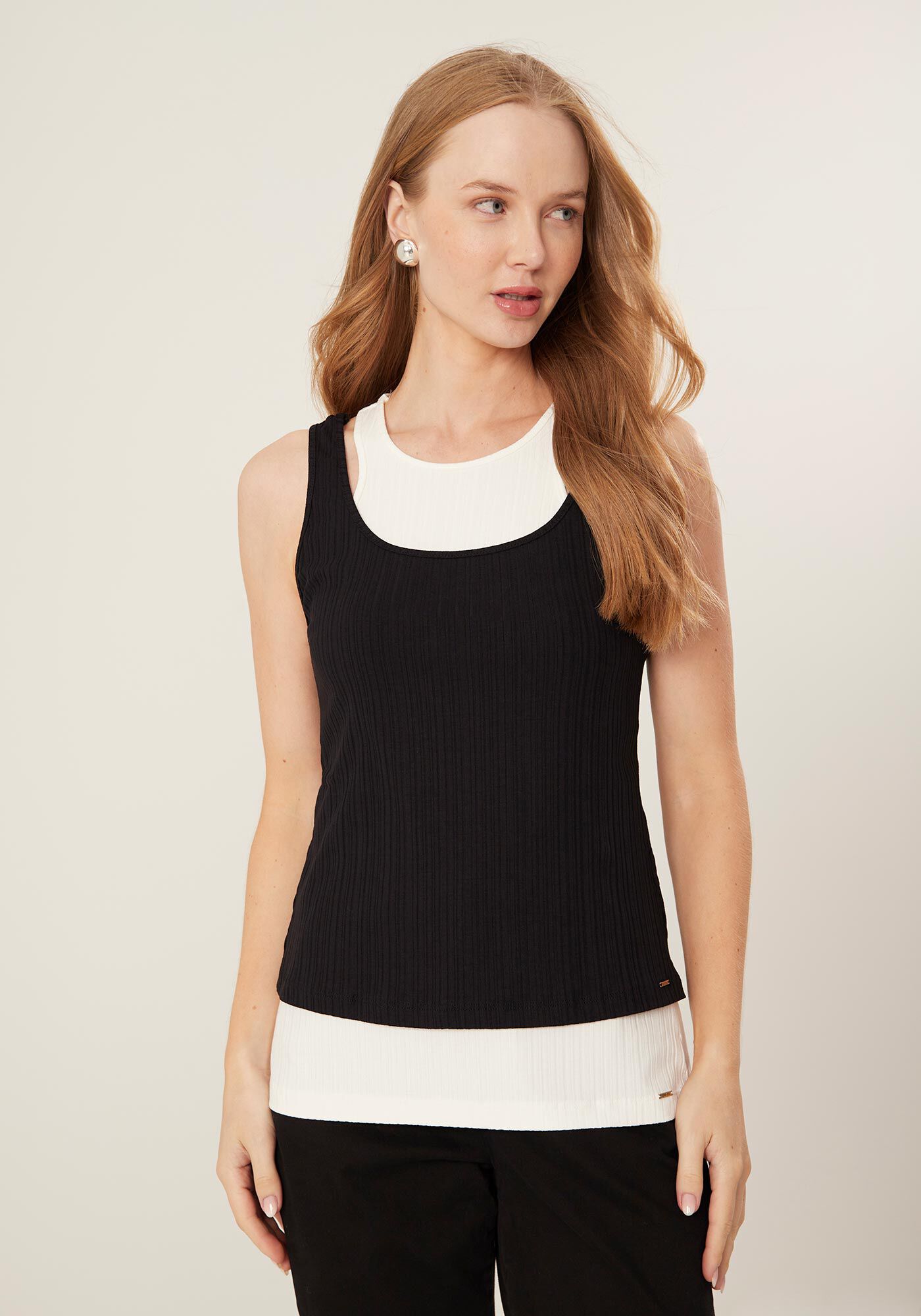 Blusa De Al&ccedil;as Em Malha Canelada Com Sobreposi&ccedil;&atilde;o, , large.