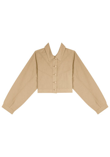 Jaqueta Cropped Com Gola E Botões Forrados Em Sarja, BEGE CENTURY. Jaqueta Cropped Com Gola E Botões Forrados Em Sarja, BEGE CENTURY, large.