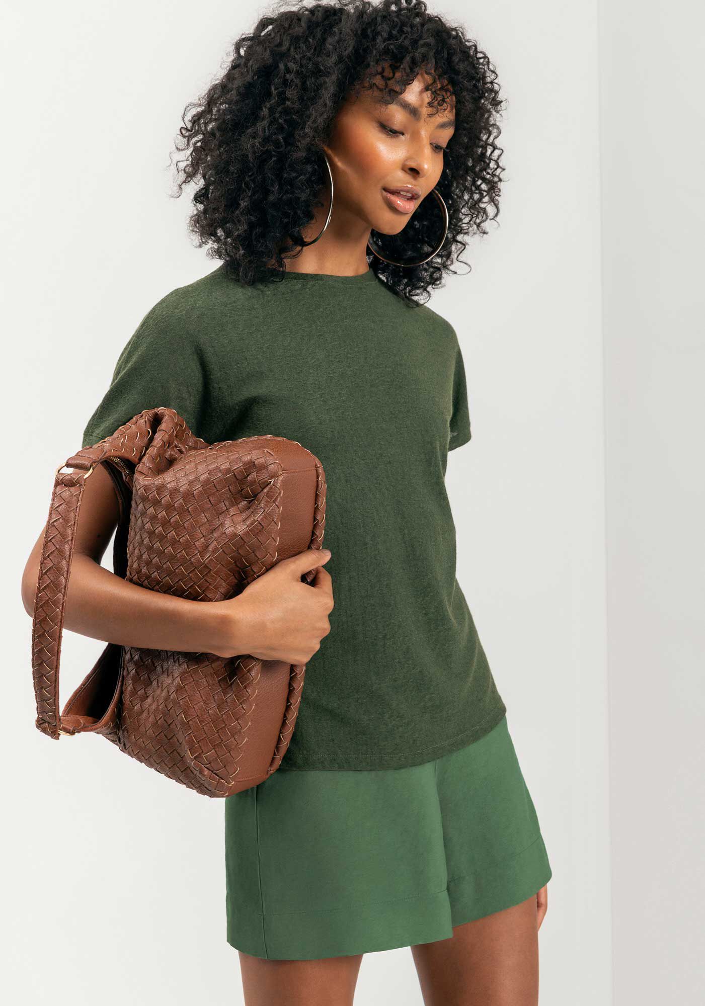 Blusa De Mangas Curtas B&aacute;sica Em Malha R&uacute;stica, , large.