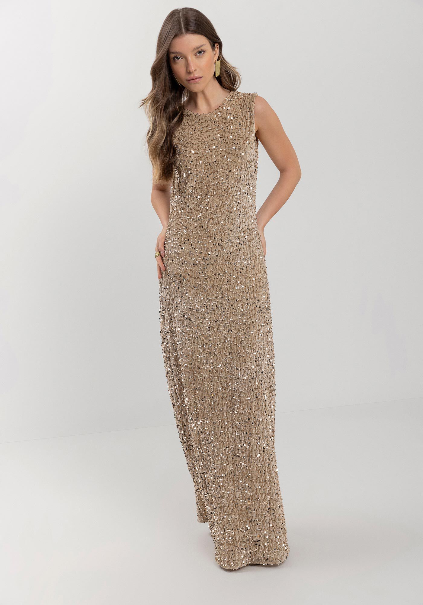 Vestido Longo Com Decote Costas Em Malha De Veludo Com Paet&ecirc;, BEGE CENTURY, large.