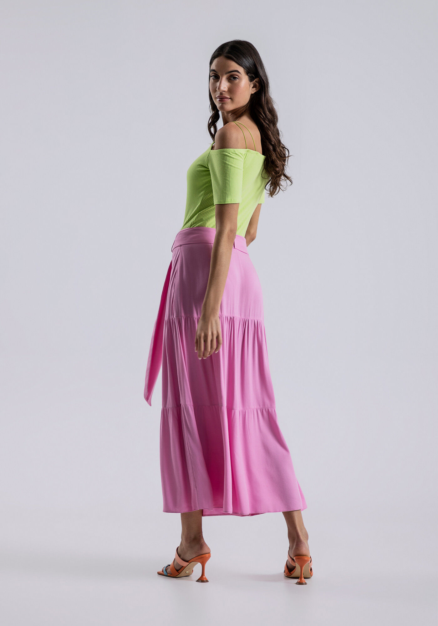 Saia Midi Crepe com Babados e Cinto, ROSA FABULOUS, large.