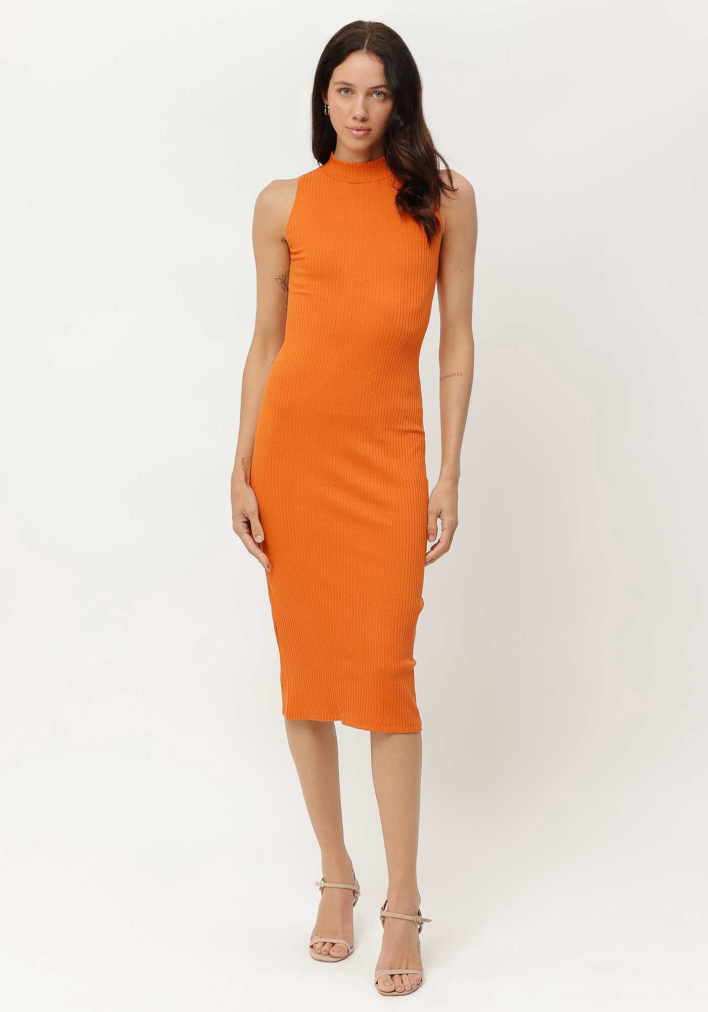 Vestido Midi Canelado com Gola Alta, , large.