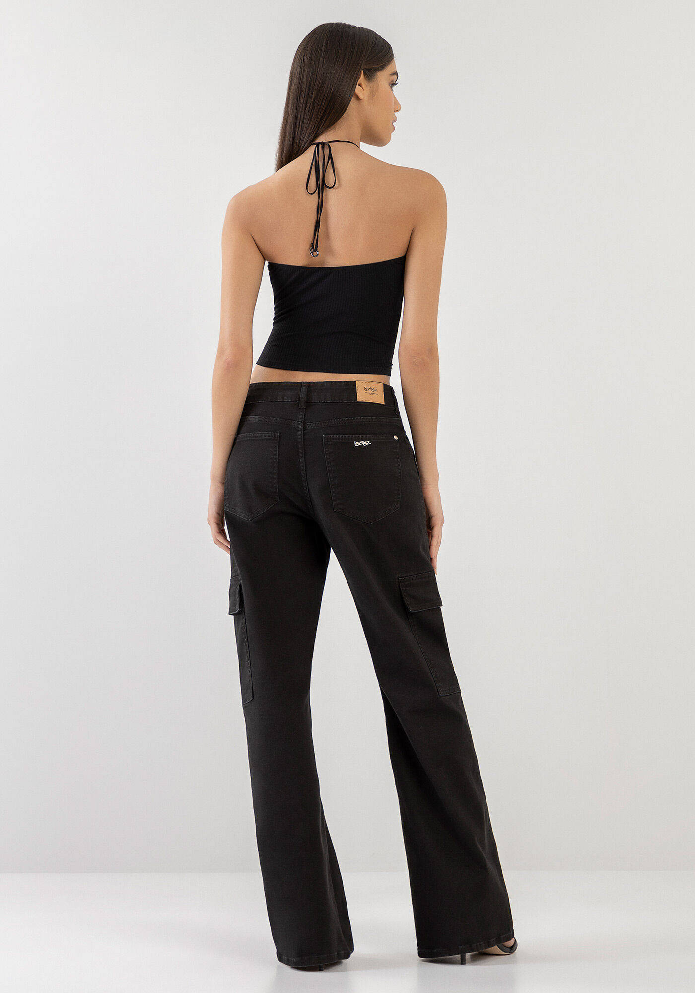 Cal&ccedil;a Sarja Wide Leg Cargo Estonado, PRETO REATIVO, large.