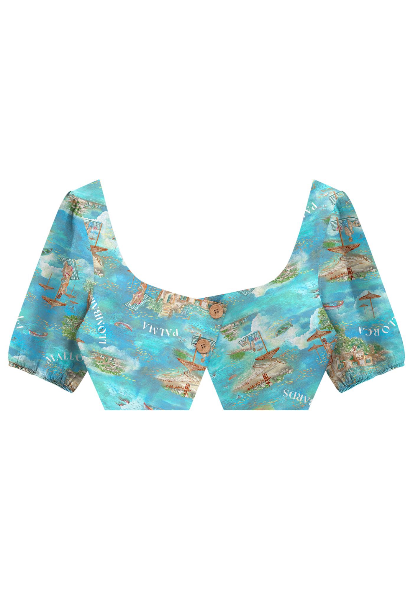 Blusa Estampada em Linho com Recorte e Bot&otilde;es, , large.