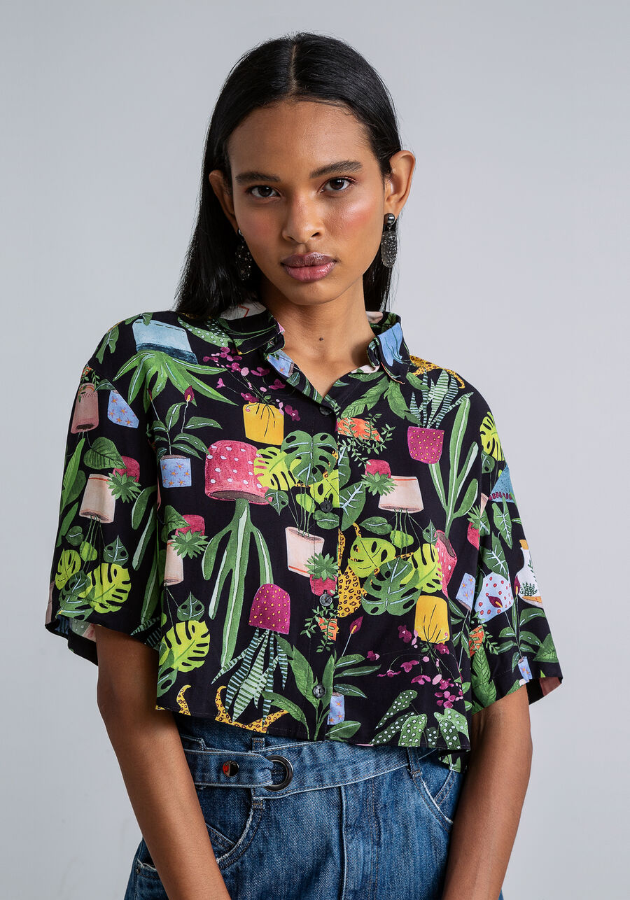 Camisa Manga Curta Cropped Estampada, INSTINTO. Camisa Manga Curta Cropped Estampada, INSTINTO, large.
