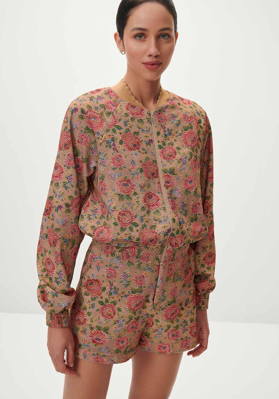 Jaqueta Bomber em Moletom Floral, JACQUARD IMPERIAL. Jaqueta Bomber em Moletom Floral, JACQUARD IMPERIAL, large.