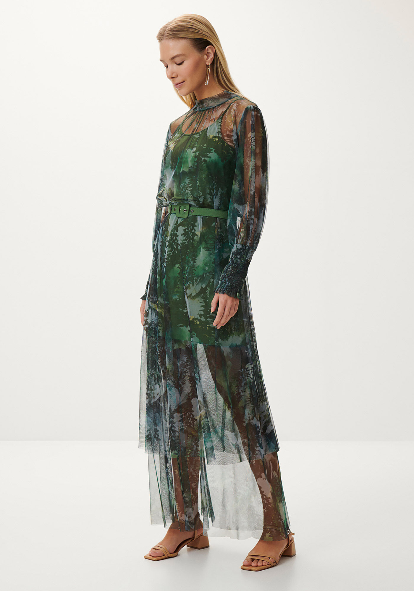 Vestido Longo em Tule Estampado com Cinto, , large.