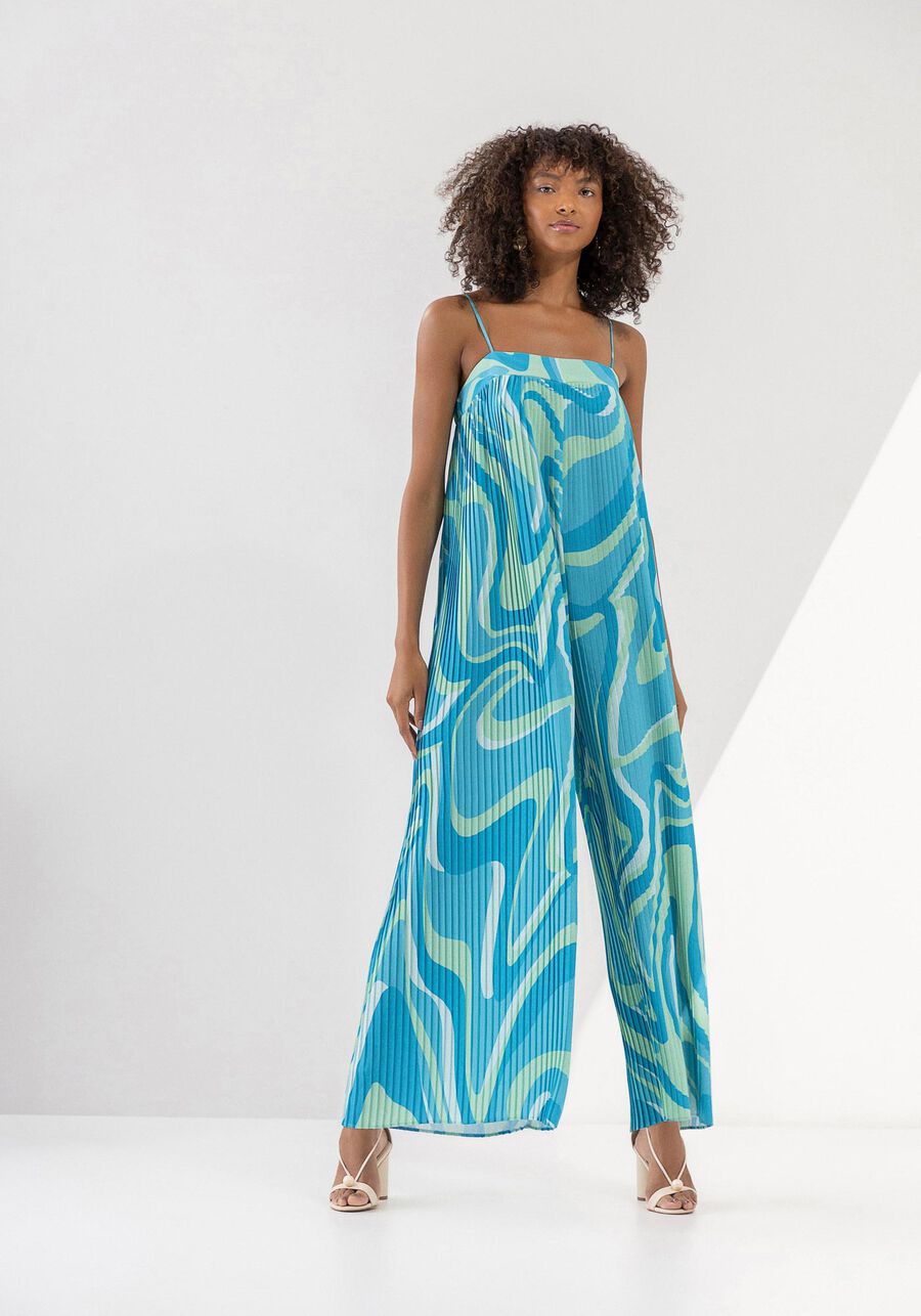 Macacão Longo Plissado Estampado com Decote Reto, VISAYAN. Macacão Longo Plissado Estampado com Decote Reto, VISAYAN, large.