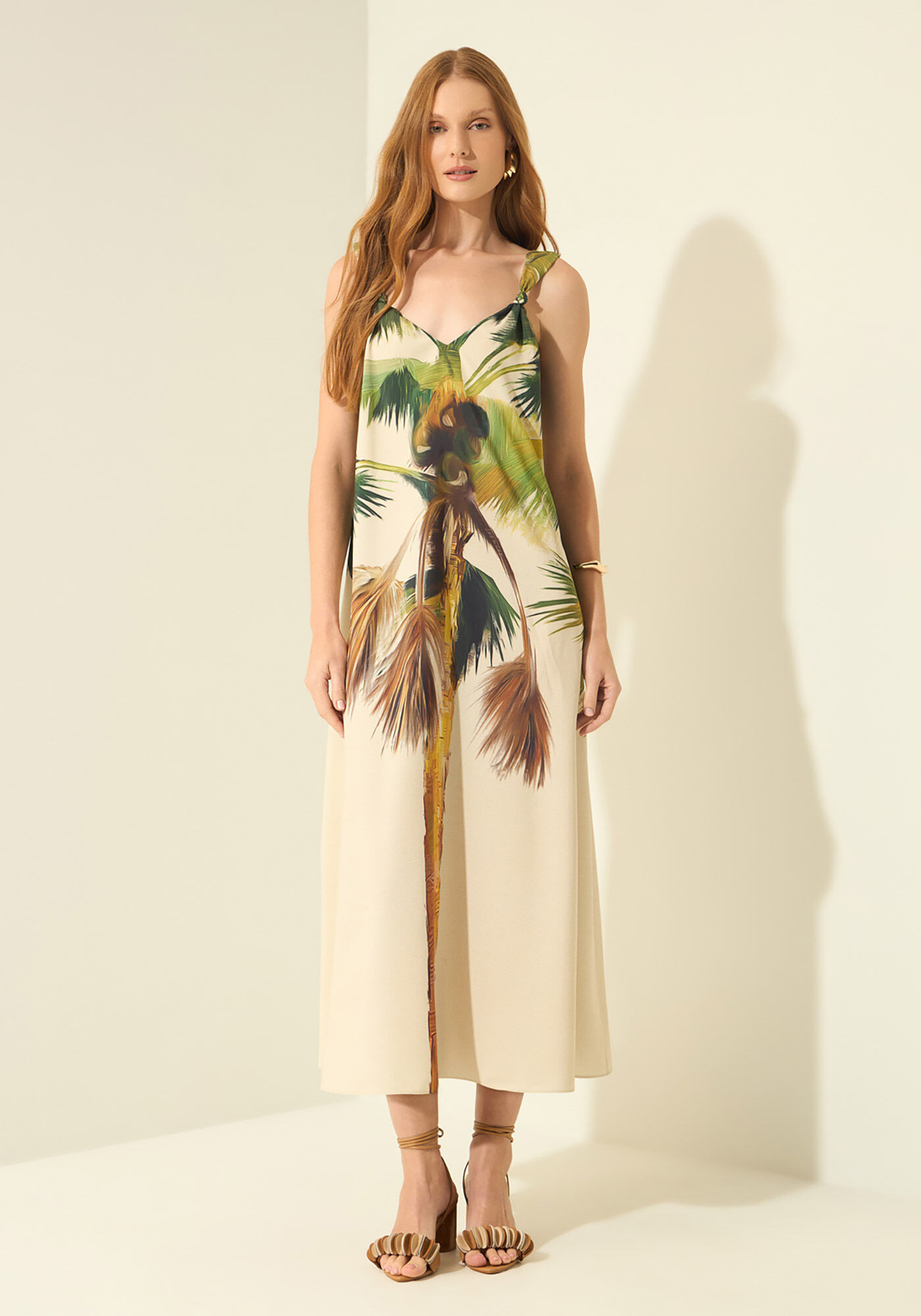 Vestido Ch&aacute; Estampado Com N&oacute;s Nas Al&ccedil;as, PALMA BEGE, large.