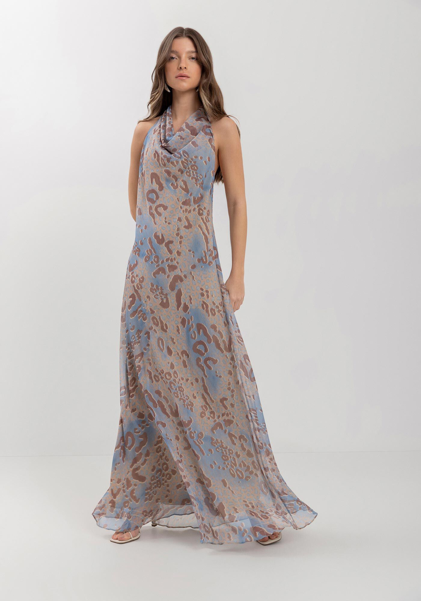 Vestido Longo Estampado Com Gola Degag&ecirc; E Amarra&ccedil;&atilde;o, , large.