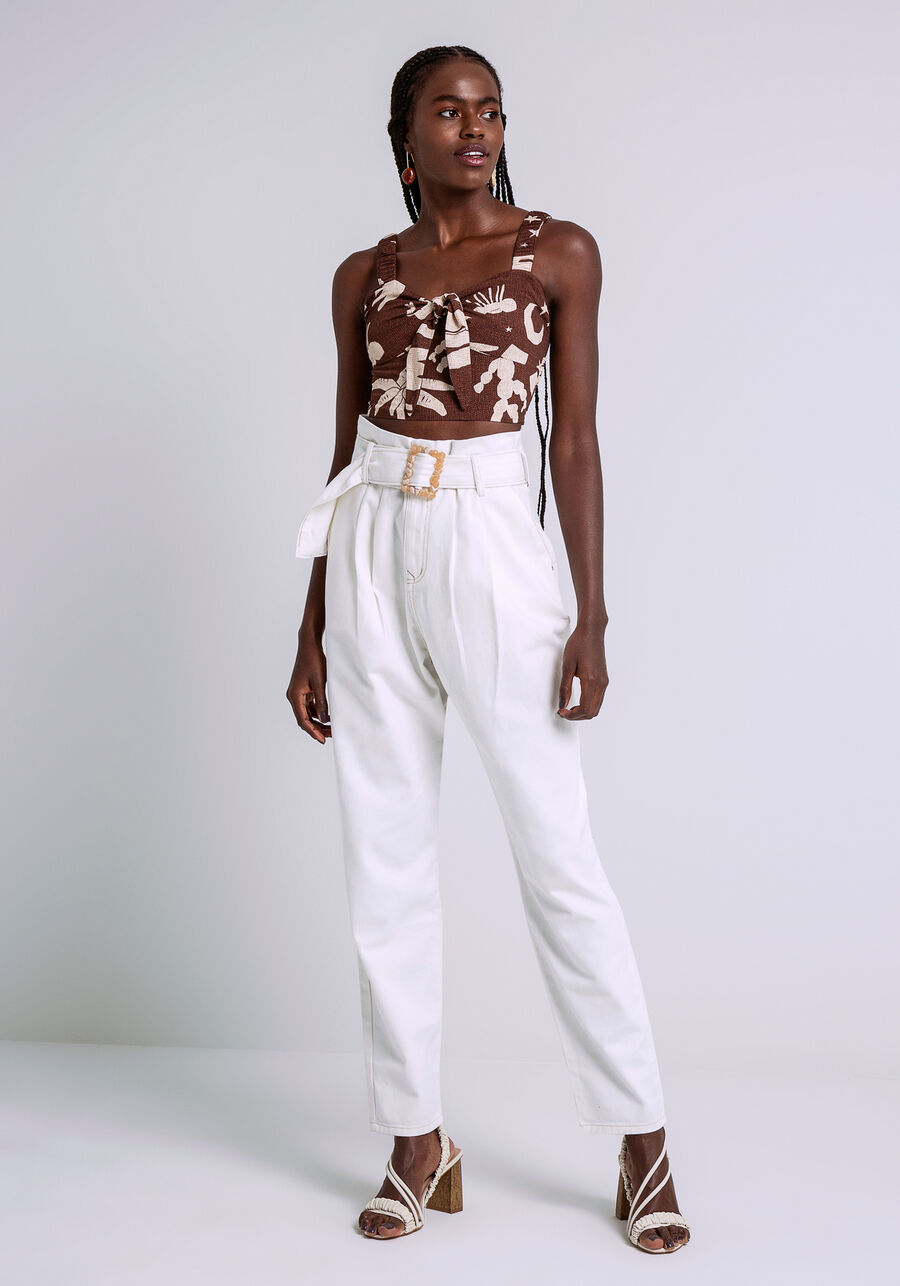 Calça Sarja Cintura Alta com Cinto, BRANCO OFF WHITE. Calça Sarja Cintura Alta com Cinto, BRANCO OFF WHITE, large.