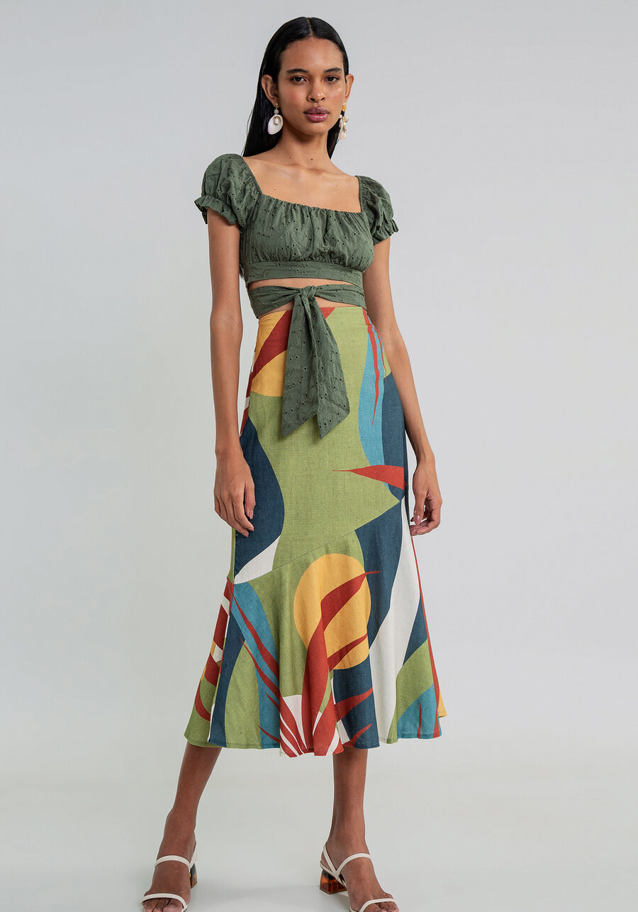 Saia Mídi Babado Godê Estampa, . Saia Mídi Babado Godê Estampa, , large.