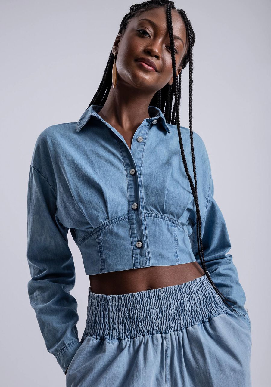 Camisa Jeans Manga Longa Cropped com Recorte Barra, . Camisa Jeans Manga Longa Cropped com Recorte Barra, , large.
