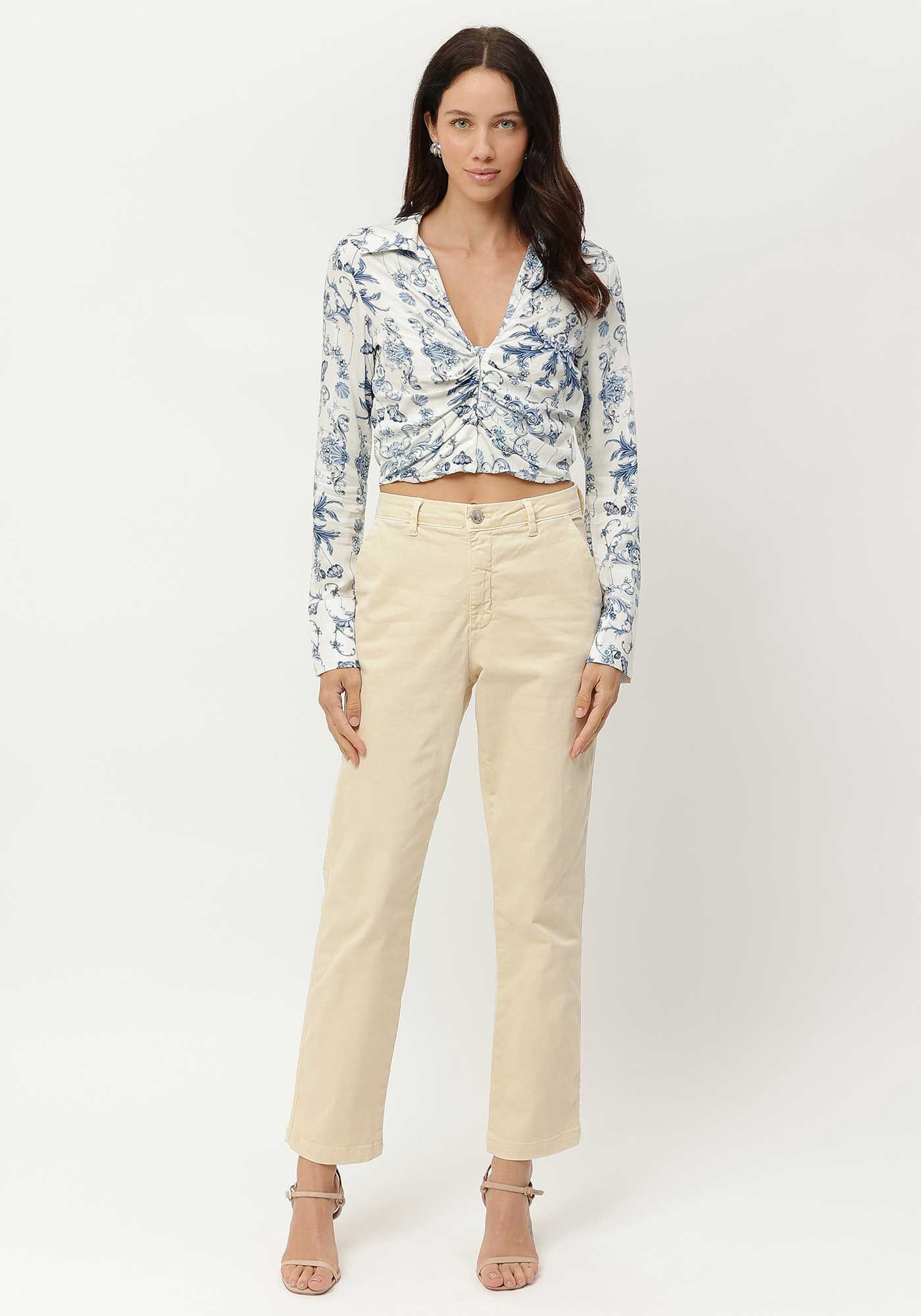 Camisa Cropped Estampada com Franzido, , large.