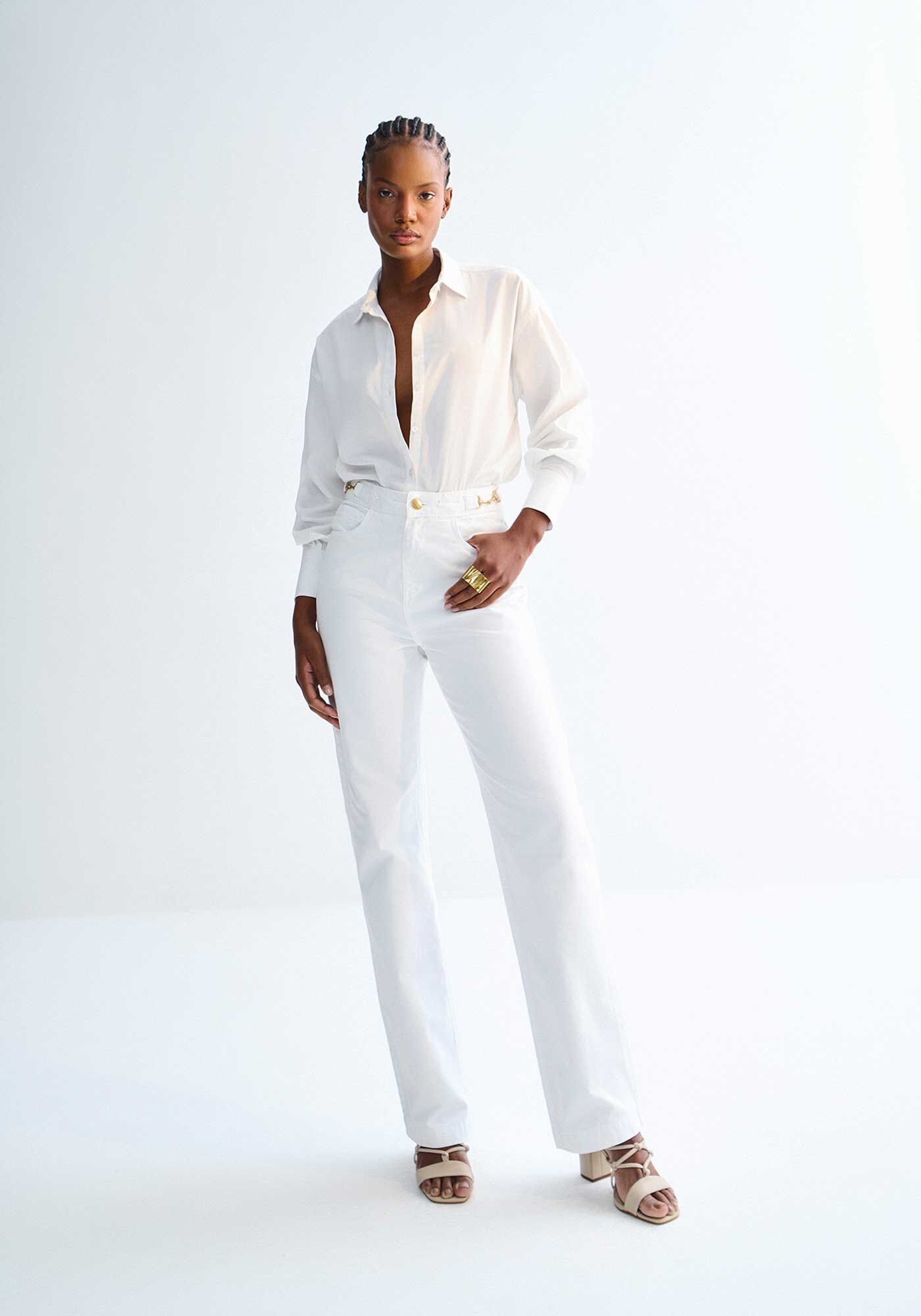 Cal&ccedil;a Sarja Reta Branca Cintura Alta com Detalhe C&oacute;s, , large.