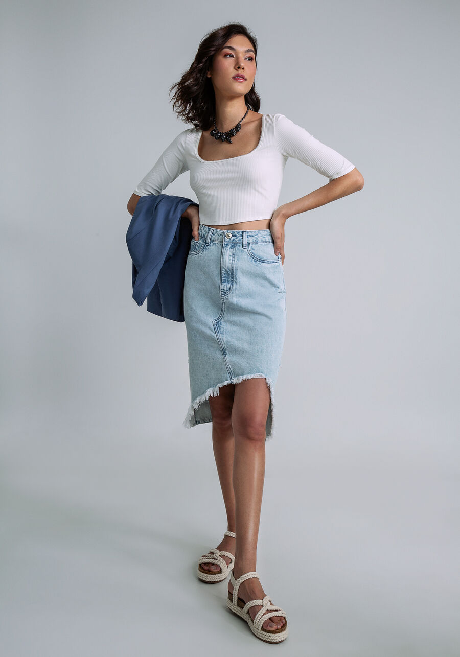 Saia Jeans Midi Assimétrica, JEANS. Saia Jeans Midi Assimétrica, JEANS, large.
