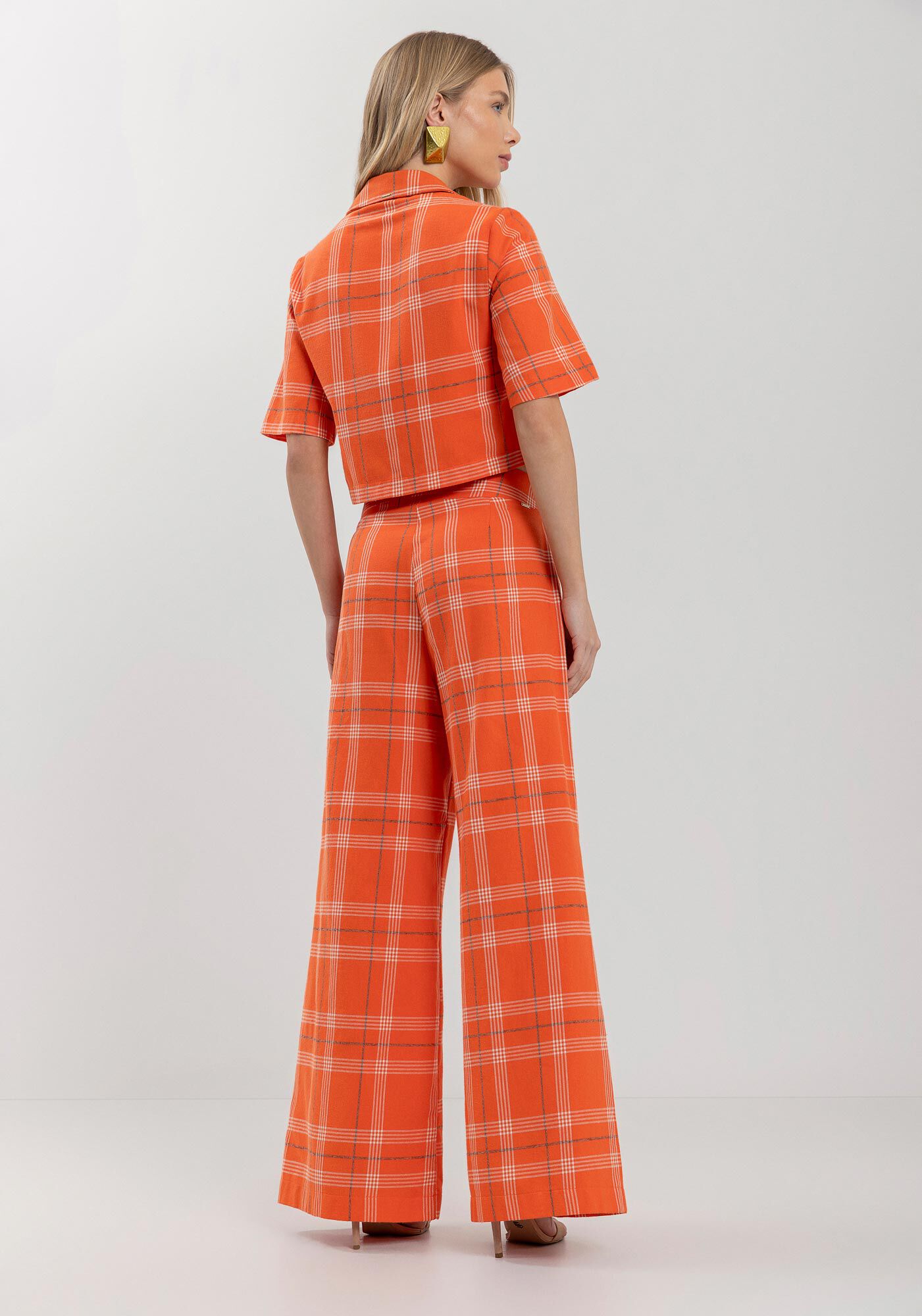 Cal&ccedil;a Pantalona Xadrez De Cintura Alta Em Algod&atilde;o Peletizado, , large.