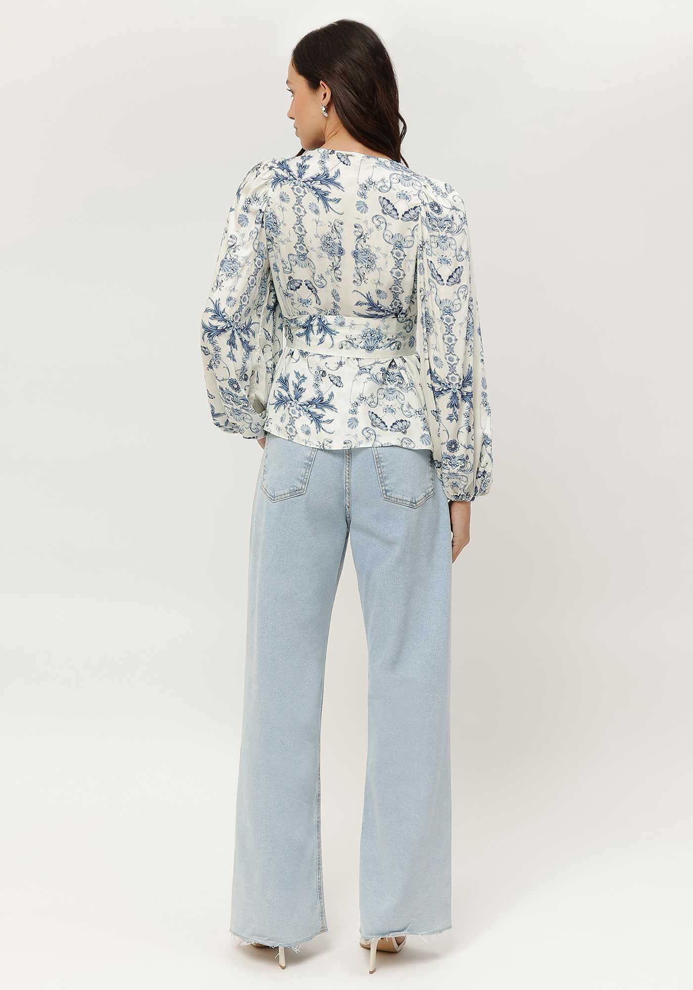 Blusa Manga Longa Bufante Estampada com Faixa, , large.