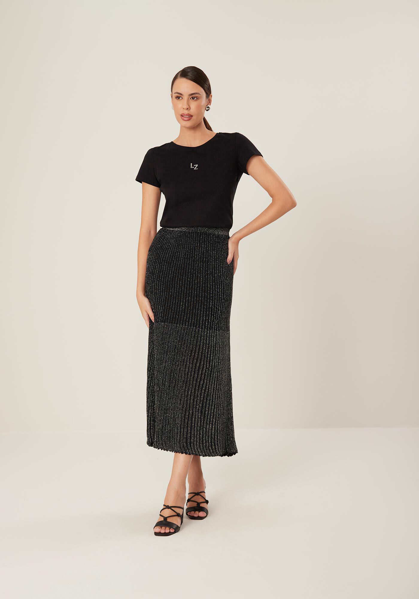 Saia Midi Ch&aacute; Em Tric&ocirc; Com Cintura M&eacute;dia E Fios De Lurex, , large.